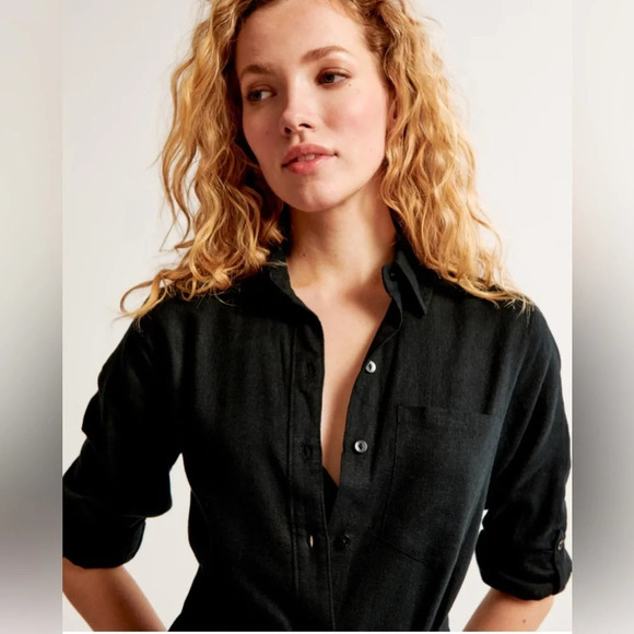 NWT Abercrombie & Fitch Linen-Blend Midi Shirt Dress in Black Size Medium Petite - Picture 3 of 9